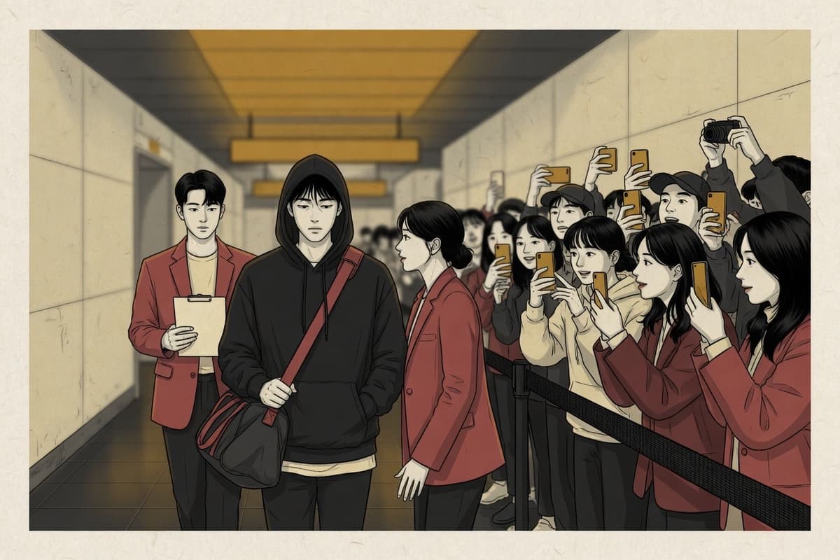 A Korean performer in their twenties walks through an airport gate with staff, hood up, while phones press close behind a barrier