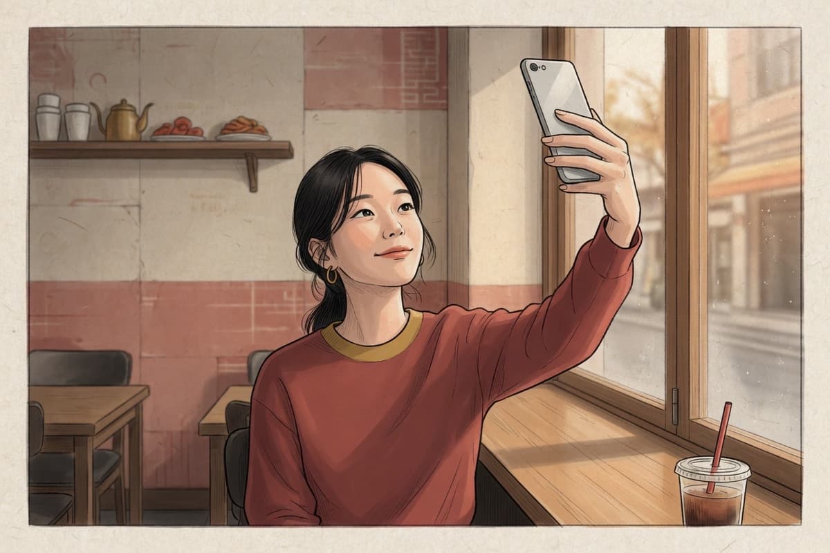 A Korean woman in her early twenties holds a phone high for a self-portrait by a café window, unselfconscious and sure of the angle