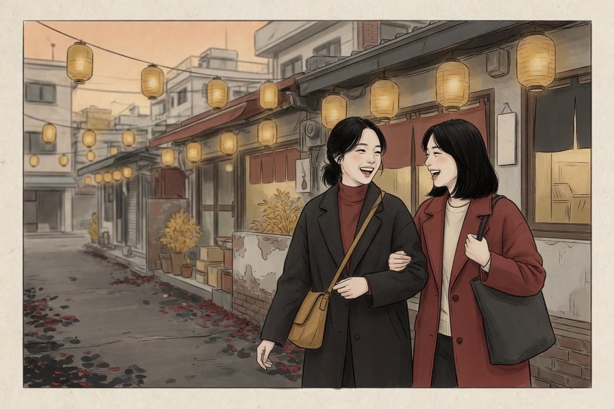 Two Korean women in their twenties walk a city street arm in arm, chatting and laughing mid-stride
