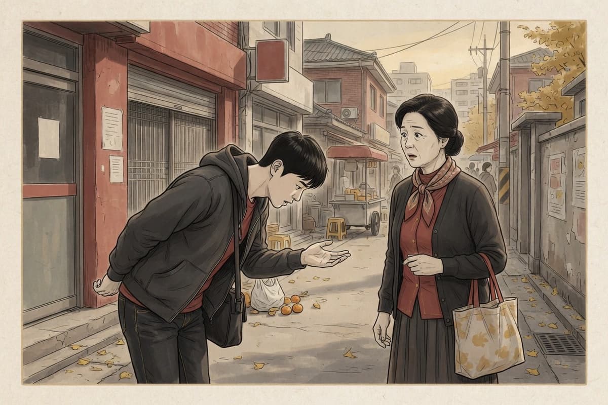A young Korean man in his twenties bows apologetically to an older woman in her fifties on a street after bumping her bag