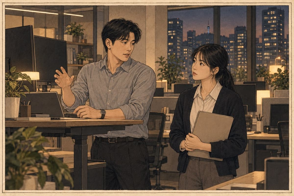 A 24-year-old Korean new employee waits with a folder while a 29-year-old earlier joiner finishes speaking at a Seoul office standing desk