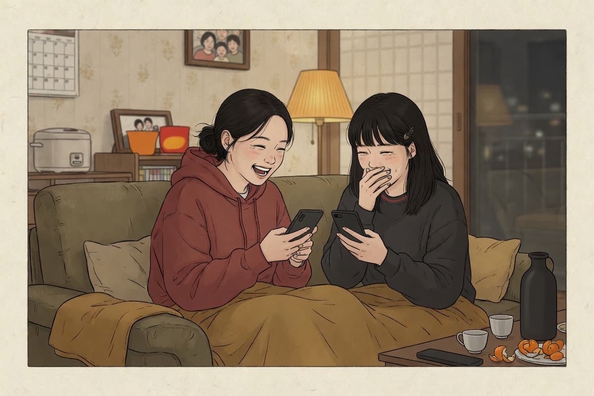 Two Korean friends in their mid-twenties on a sofa laugh at their own phones while reading the same joke