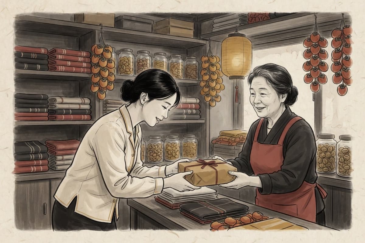 A young Korean woman in her twenties bows slightly with both hands as an older shopkeeper in her sixties hands her a wrapped package