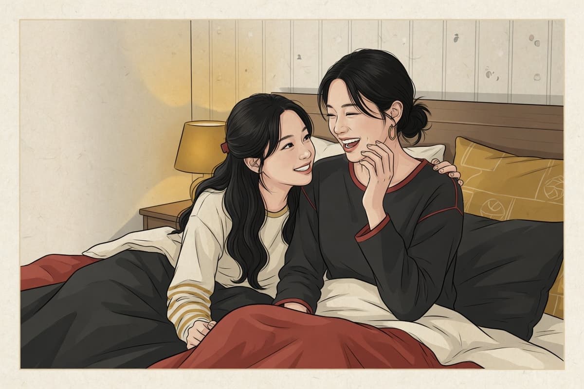 Two young women sitting close on a bed, the younger resting her chin on the older one’s shoulder while the older one laughs and pretends to be annoyed