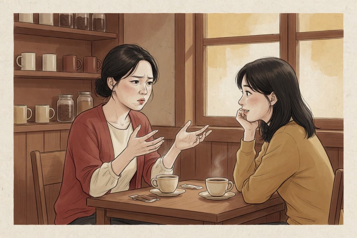 A Korean person in their late twenties mid-gesture at a café table, hands shaping the air while explaining a word that has no single English match