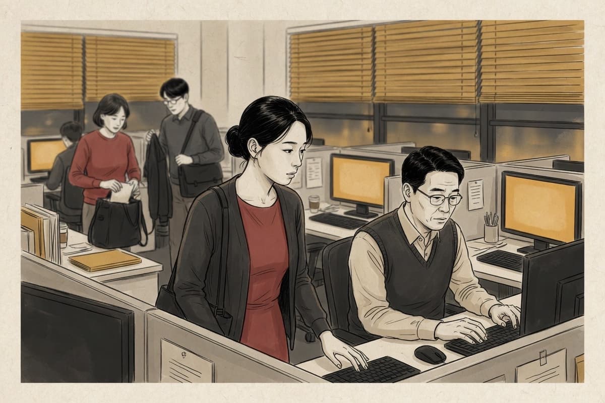 In a Korean open office at 6pm, a woman in her twenties glances at her manager still typing before reaching for her bag