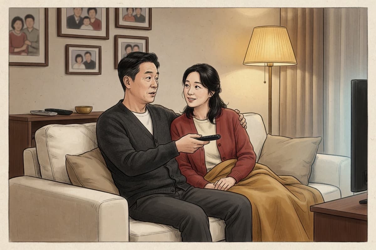 A Korean married couple in their forties on a sofa, one holding a remote and turning to ask the other something