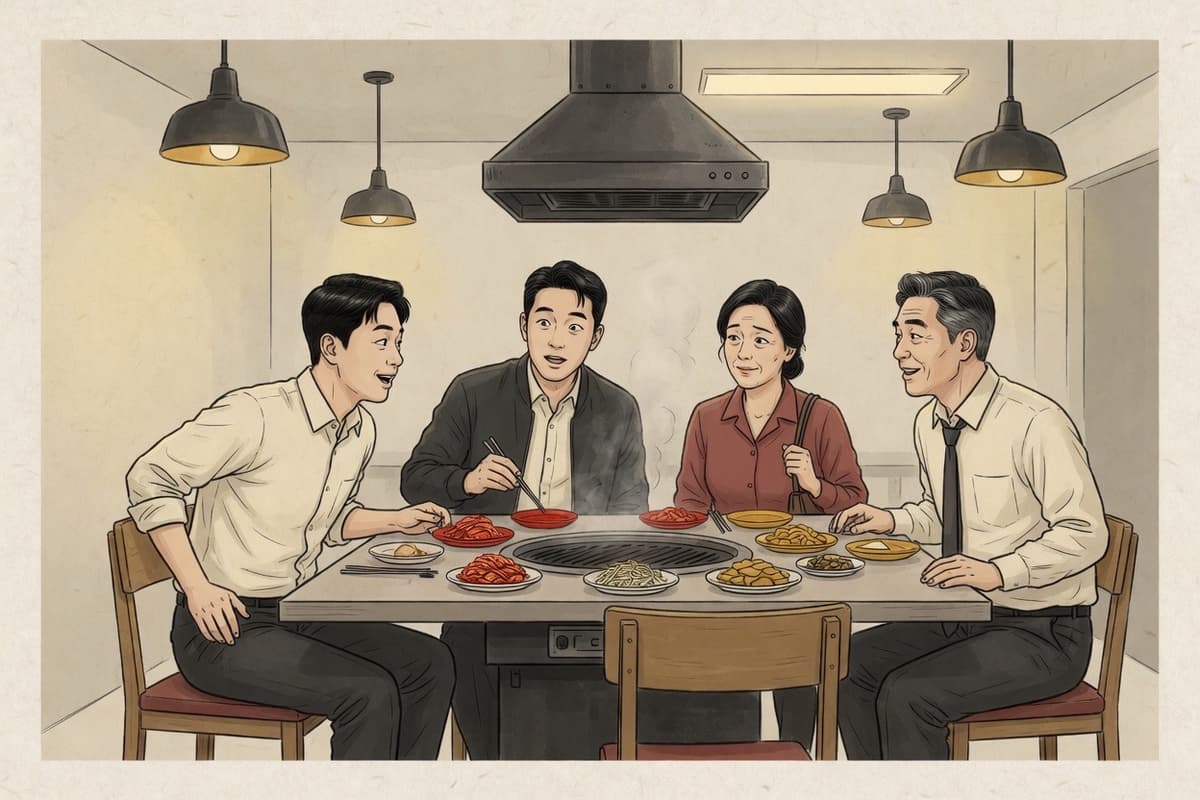 At a Korean company dinner, a person in their late twenties half-sits in the wrong seat while colleagues pause mid-motion and glance over