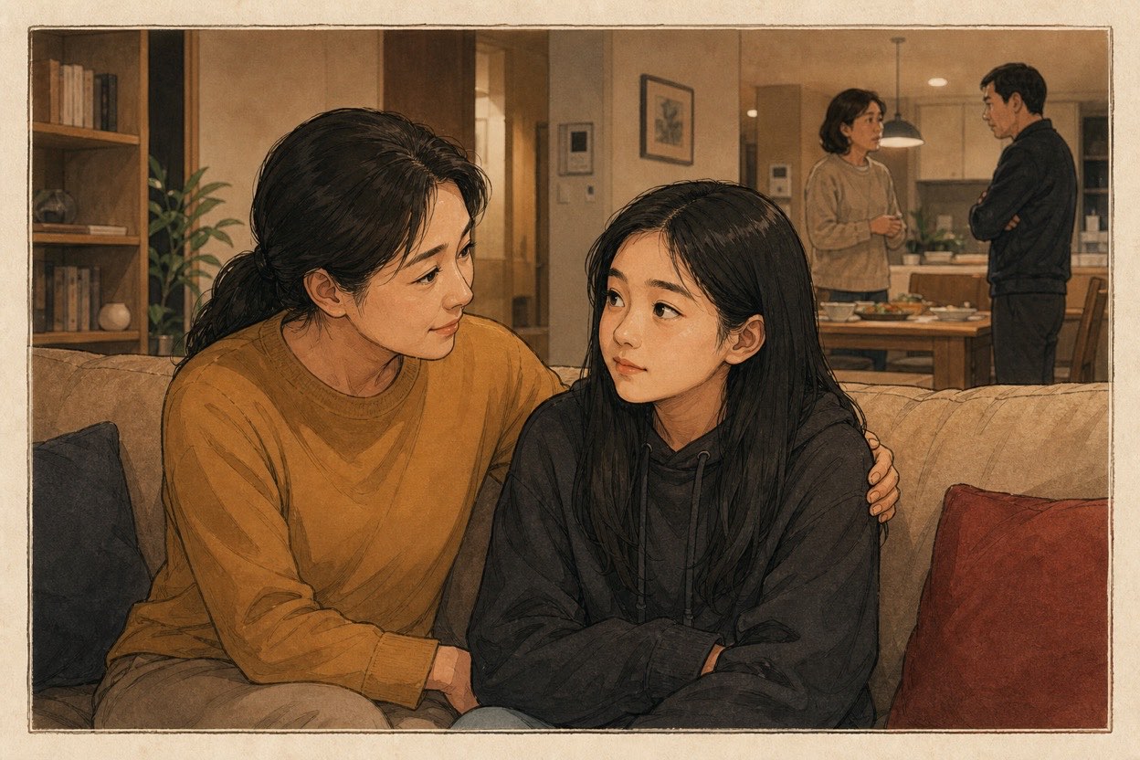 In a modern Korean apartment after dinner, a thirteen-year-old girl sits quietly while two adults speak tensely in the background and a caring parent checks on her